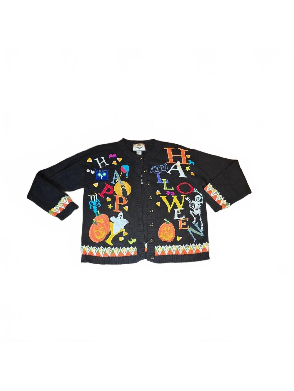 Vintage Tiara International Halloween Knit Cardigan Medium M 2000 Ghost Pumpkin